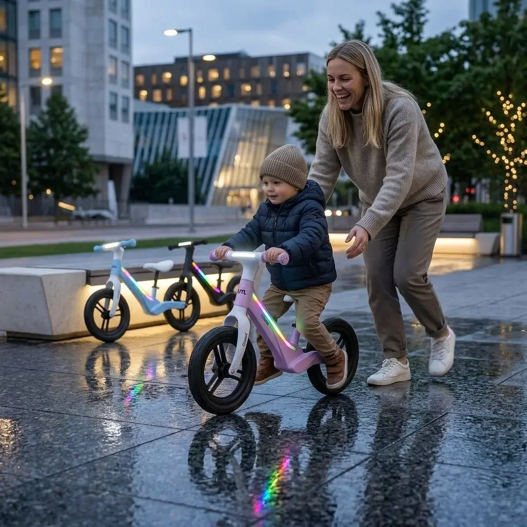 Mor støtter sit barn på en blå Glimmt løbecykel i naturen mens barnet træner balance og motorik
