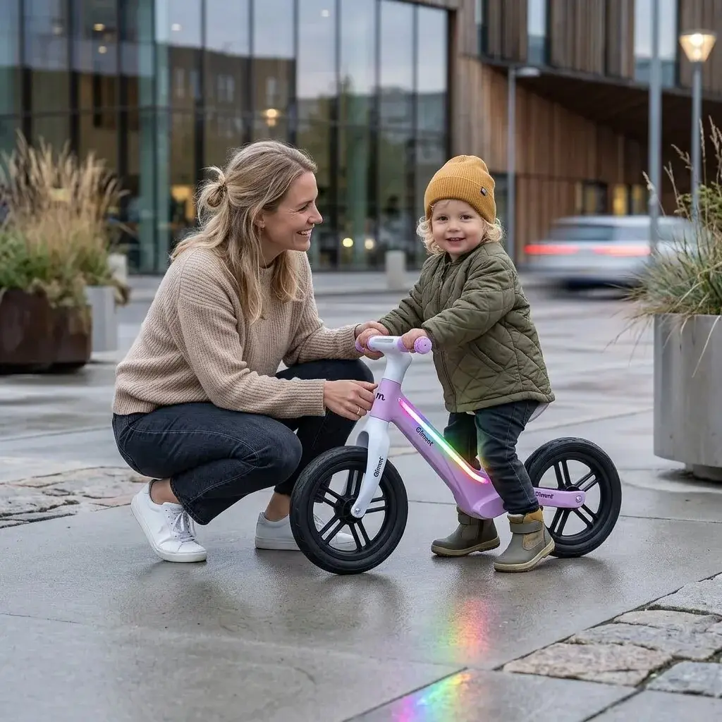 Lille barn på pink Glimmt løbecykel der leger udendørs på en åben plads