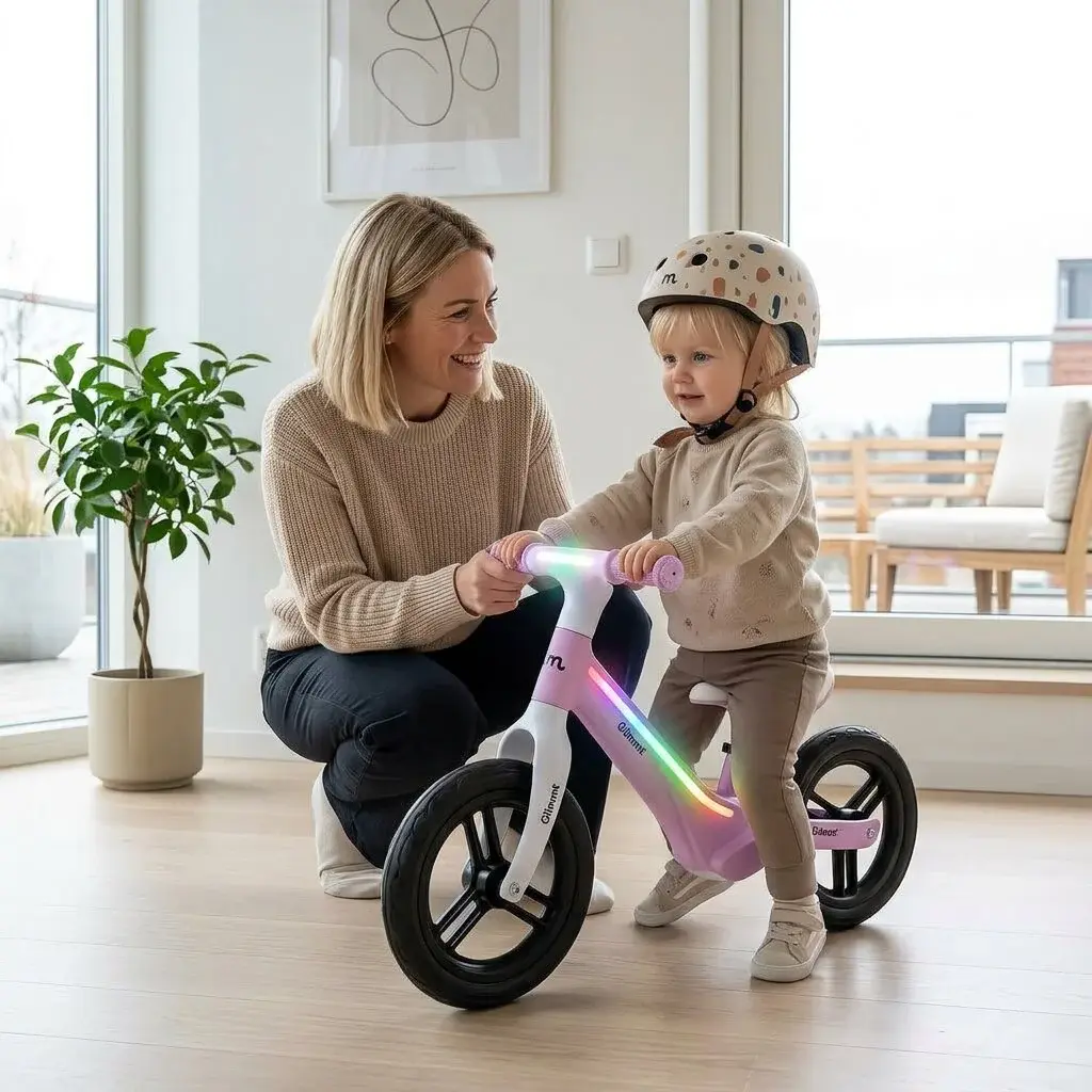 Lille barn iført korrekt tilpasset cykelhjelm indenfor før tur på løbecykel