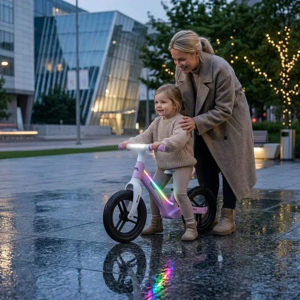 Mor og barn på pink Glimmt løbecykel i tusmørke med synlig LED-belysning i stellet